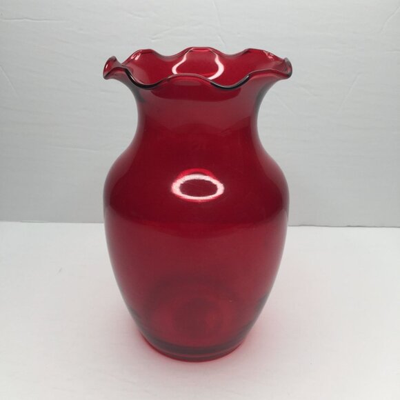 Indiana Glass Co Ruby Red #31000 Crimped 8" Vase Scalloped Edge Wide Mouth - Picture 2 of 13